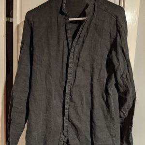 Banded Collar Linen Blend Long Sleeve Button Up